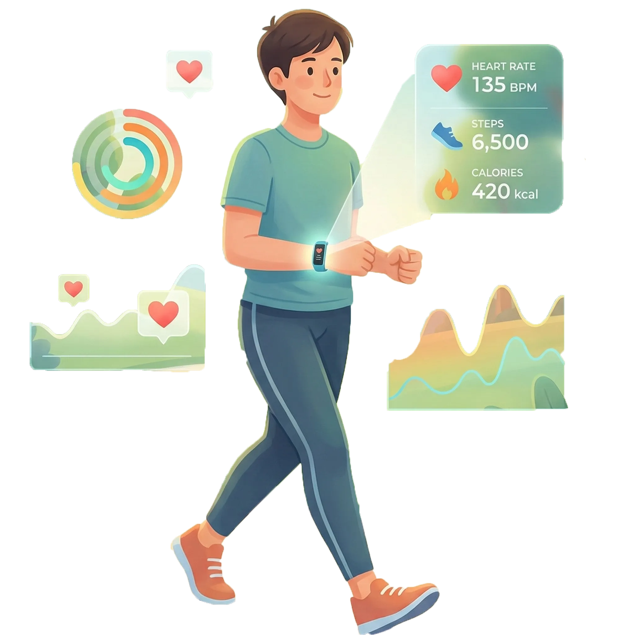 Wearable health devices and fitness trackers monitoring heart rate steps and calories