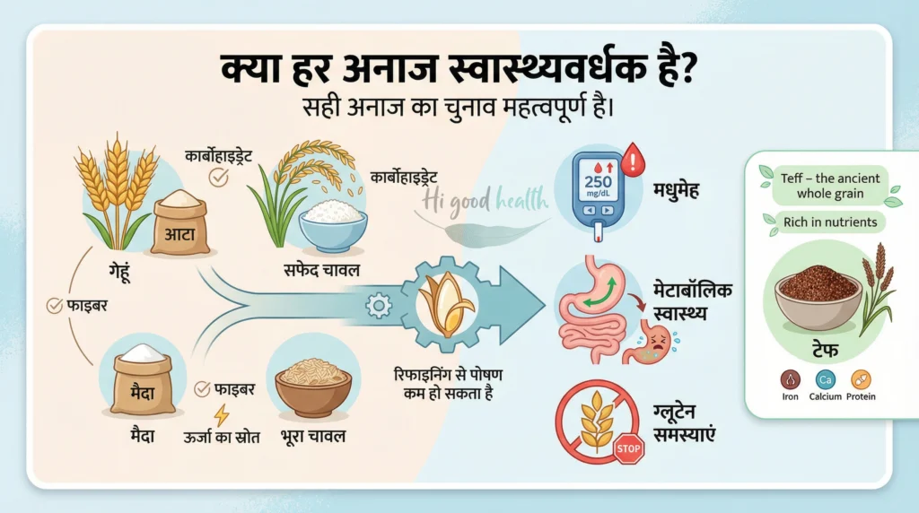 क्या हर अनाज सेहत के लिए अच्छा है? - Wheat, rice and teff health infographic