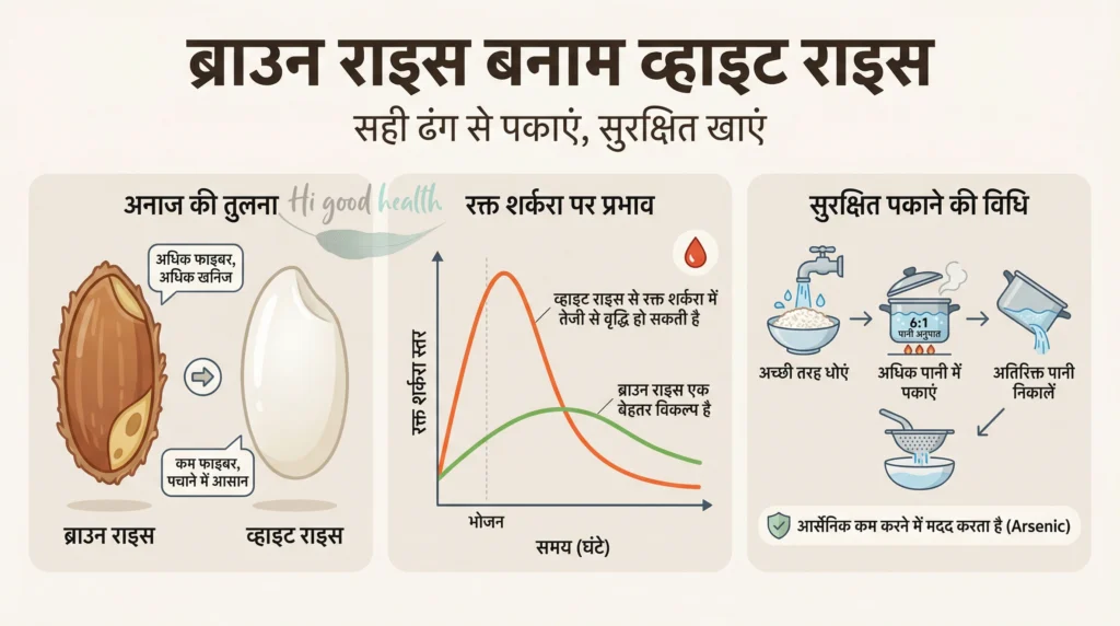 ब्राउन राइस vs सफेद चावल – 2D मेडिकल इन्फोग्राफिक | Brown vs White Rice – 2D medical infographic