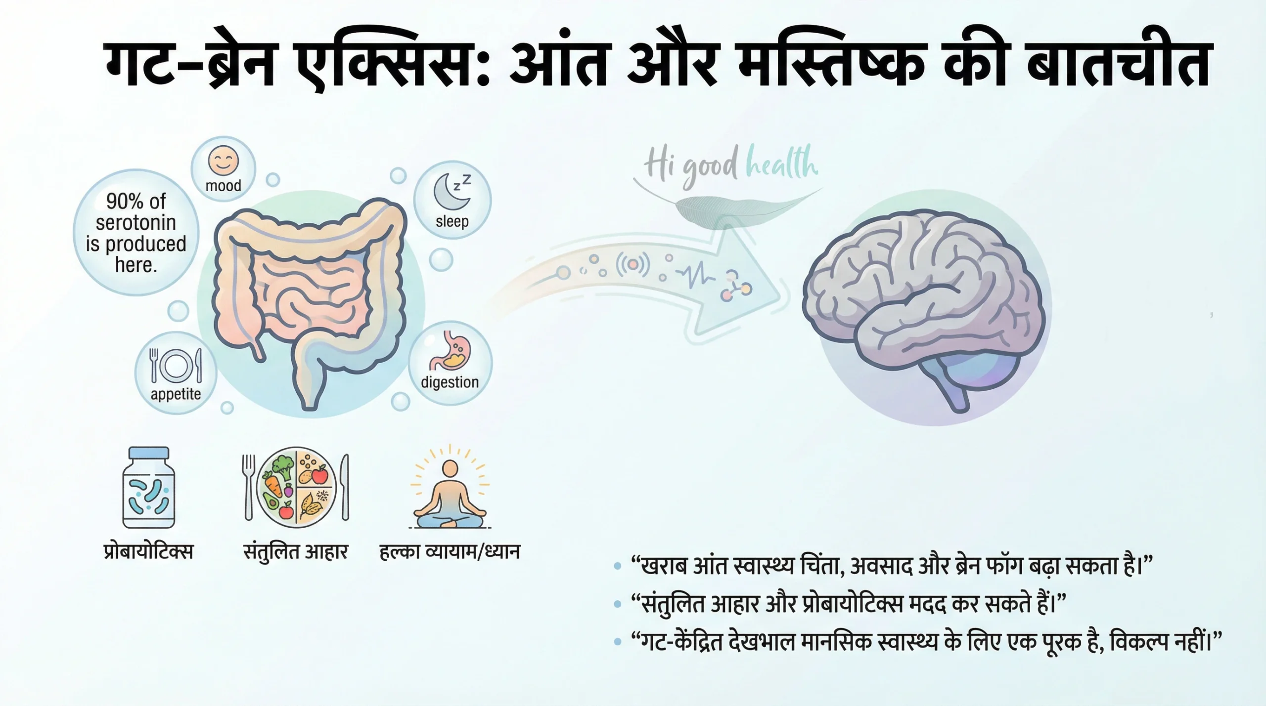 गट–मस्तिष्क ऐक्सिस, पेट और दिमाग आइकन, प्रोबायोटिक टिप्स | Gut–Brain Axis, gut & brain icons, probiotics – 2D infographic