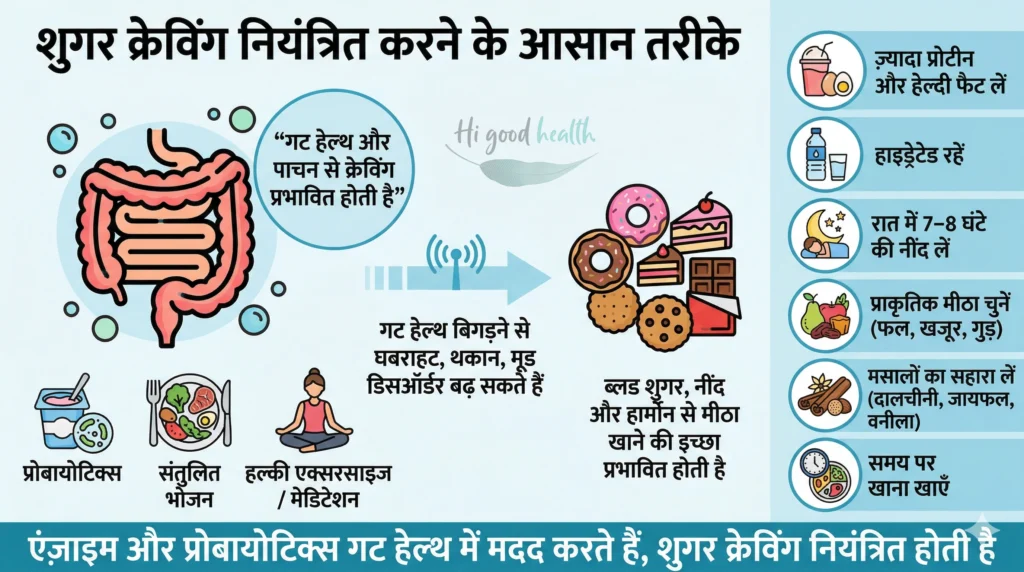 गट हेल्थ और शुगर क्रेविंग संबंधी 2D फ्लैट इन्फोग्राफिक | Gut Health & Sugar Craving – 2D flat infographic