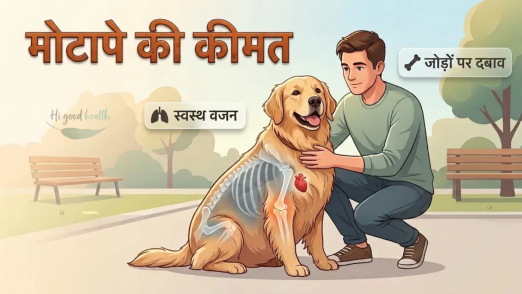 मोटापे की कीमत — पार्क में गोल्डन रिट्रीवर के जोड़ों और हड्डियों का चित्रण, पास बैठा मालिक, स्वस्थ वजन और जोड़ों पर दबाव