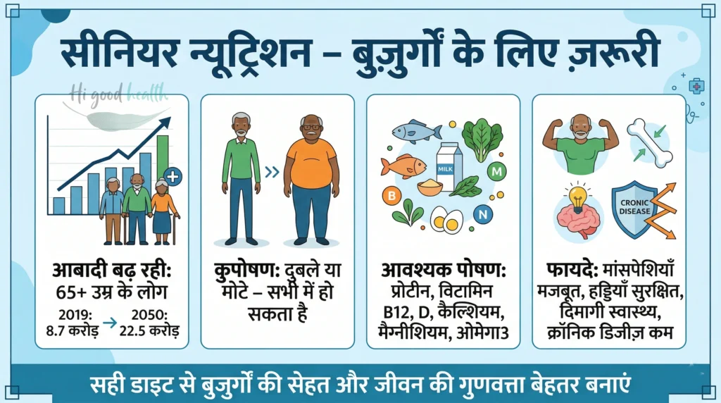 सीनियर न्यूट्रिशन 2026 में: प्रोटीन , सप्लिमेंट्स और प्लांटबेस्ड डाइट 2 सीनियर न्यूट्रिशन – बुज़ुर्गों के लिए जरूरी 2D फ्लैट इन्फोग्राफिक | Senior Nutrition – 2D flat infographic