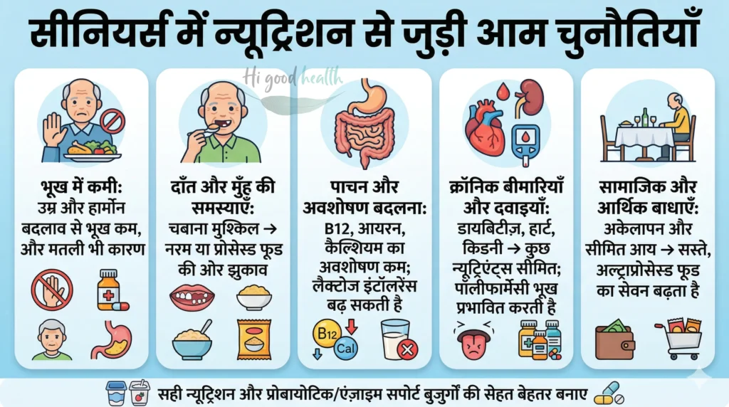 सीनियर न्यूट्रिशन 2026 में: प्रोटीन , सप्लिमेंट्स और प्लांटबेस्ड डाइट 3 सीनियर्स न्यूट्रिशन चुनौतियाँ – 2D फ्लैट मेडिकल इन्फोग्राफिक | Senior Nutrition Challenges – 2D flat infographic