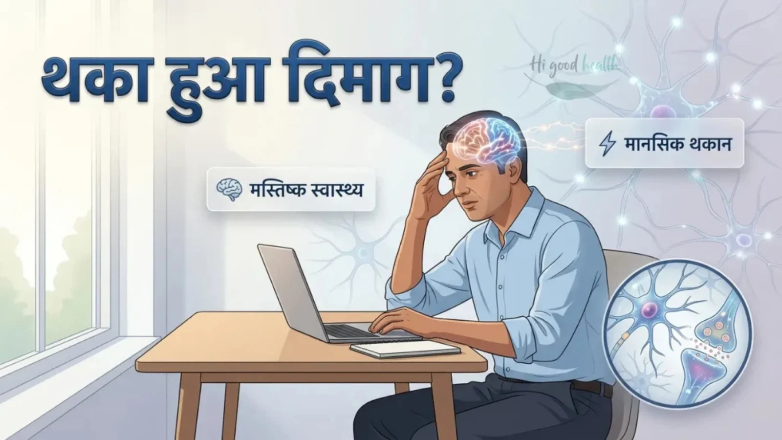 थका हुआ दिमाग — लैपटॉप के सामने सिर पकड़े बैठा व्यक्ति, मस्तिष्क और न्यूरॉन का चित्रण, मानसिक थकान