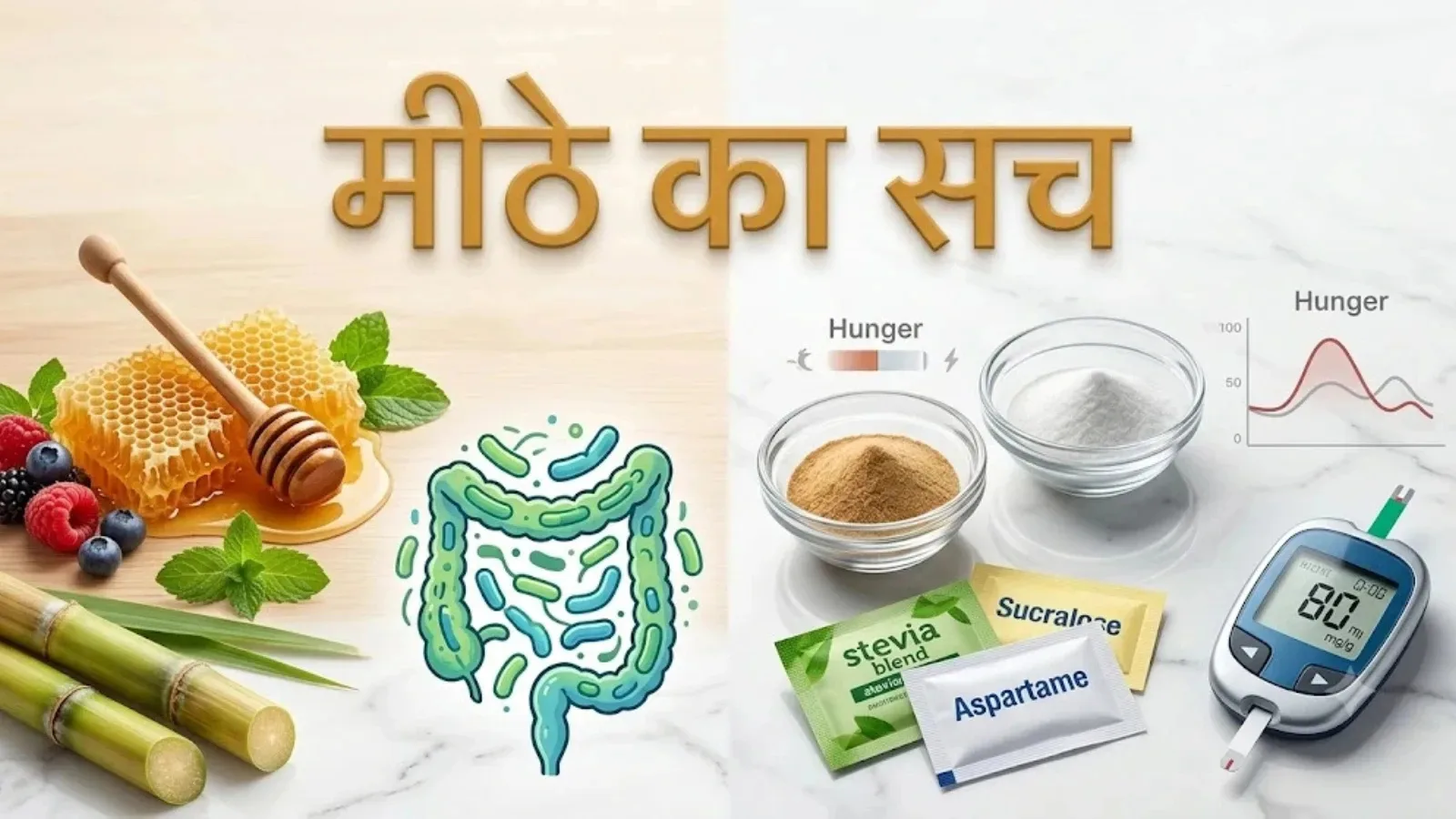 मीठे का सच — शहद, गन्ना और जामुन के साथ आंत का चित्रण, स्टीविया, सुक्रालोज़ और एस्पार्टेम के पैकेट और ग्लूकोमीटर