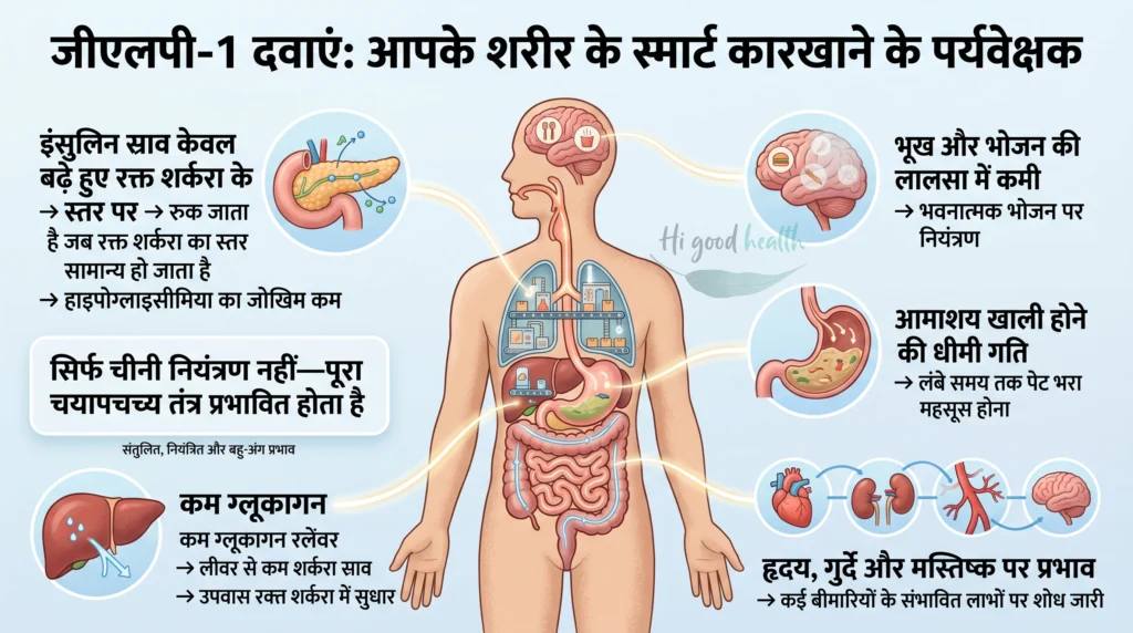GLP-1 दवाएं शरीर के अंगों को नियंत्रित करती दिखती हैं | GLP-1 drugs regulate key body organs like pancreas, brain, stomach, and liver.