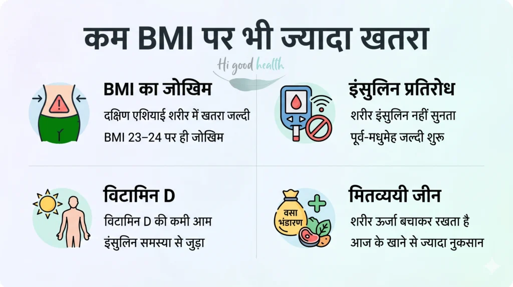 दक्षिण एशियाई लोगों में मधुमेह और पेट की चर्बी पहले क्यों बढ़ती है — और GLP-1 क्यों है नई उम्मीद 4 कम BMI पर भी छिपा मेटाबॉलिक जोखिम दिखाता साफ़ इन्फोग्राफिक — clean infographic showing hidden metabolic risk at low BMI
