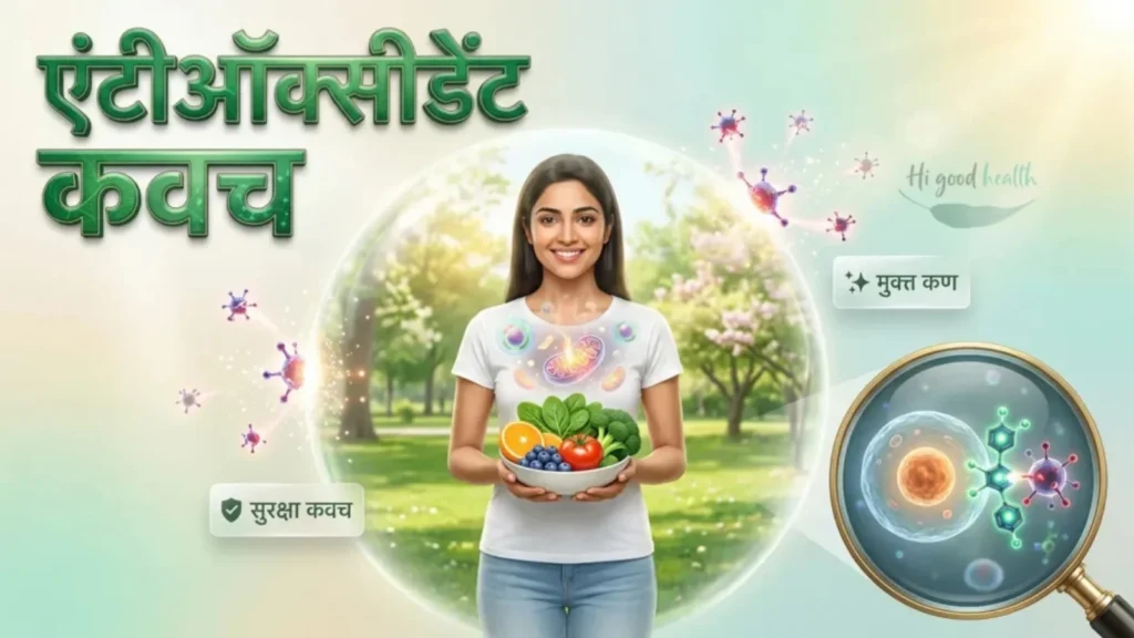 एंटीऑक्सीडेंट से भरपूर खाद्य पदार्थों जैसे बेरीज़, ग्रीन टी और डार्क चॉकलेट का दृश्य, जो शरीर को बीमारियों से बचाने के लिए एक सुरक्षात्मक ढाल का निर्माण करते हुए दिखाए गए हों।