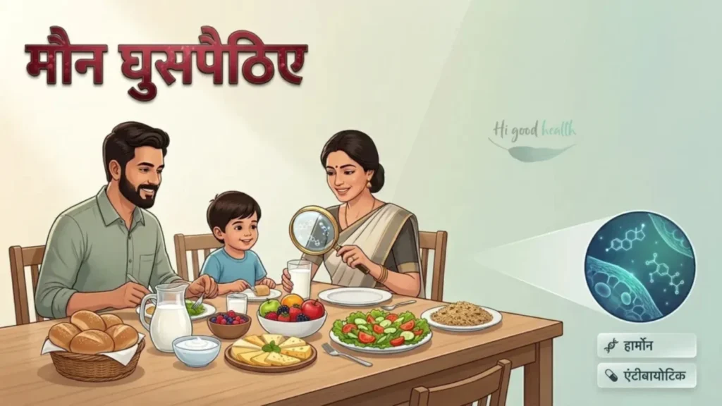 मौन घुसपैठिए — भारतीय परिवार भोजन की मेज़ पर, माँ आवर्धक लेंस से खाना जाँचती हुई, पास में हार्मोन और एंटीबायोटिक के लेबल