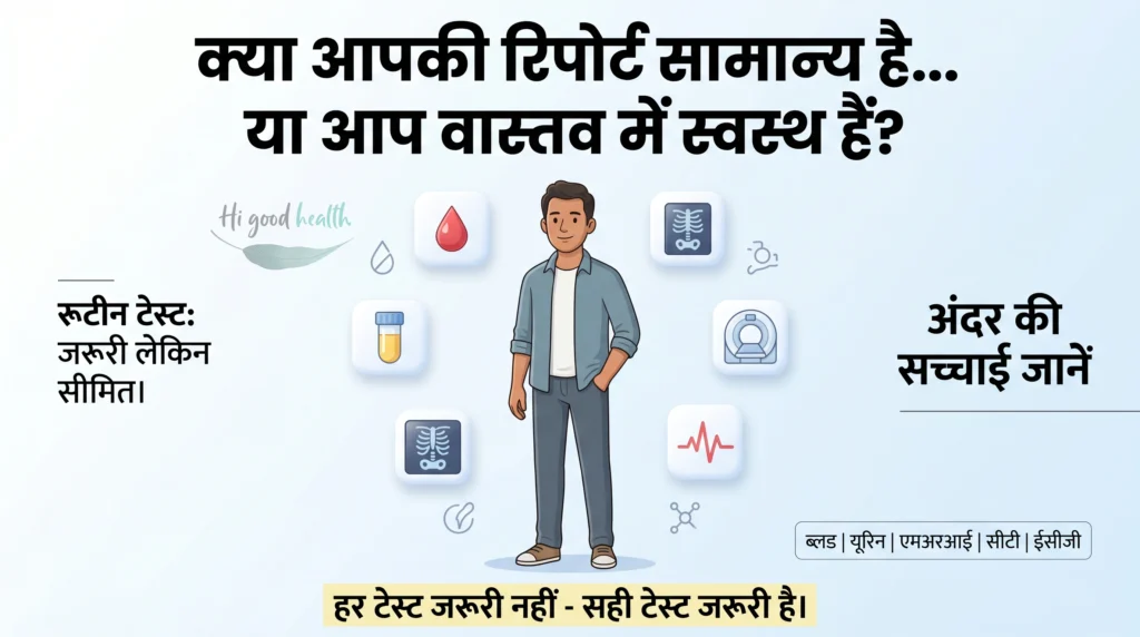मेडिकल टेस्ट आइकन के साथ व्यक्ति दिखाता इन्फोग्राफिक — infographic of a person surrounded by medical tests questioning “normal reports vs real health”.
