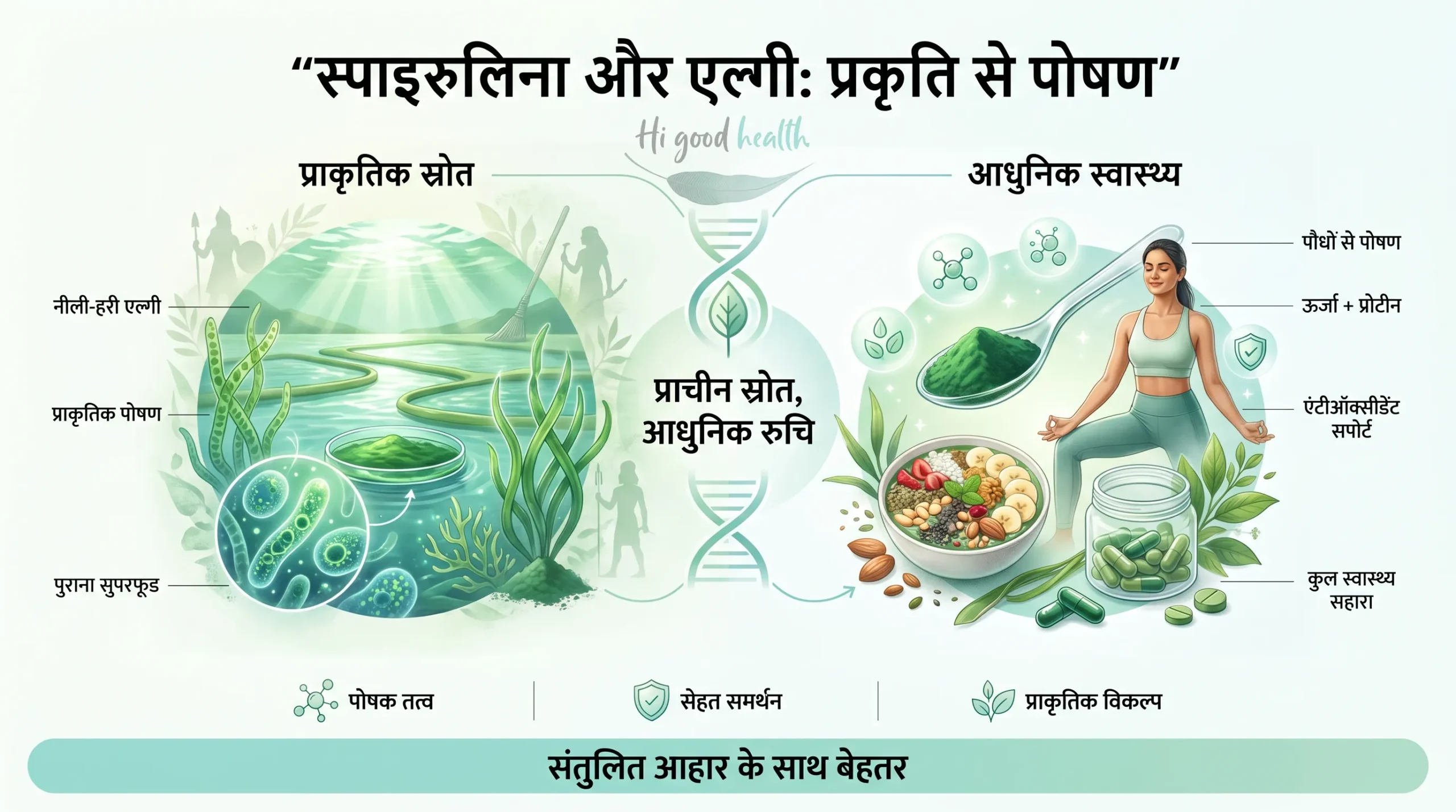 स्पिरुलिना और एल्गी के प्राकृतिक स्रोत से आधुनिक पोषण तक की यात्रा दिखाता वेलनेस इन्फोग्राफिक — wellness infographic about spirulina and algae nutrition.