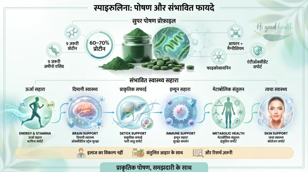 ग्रीन गोल्ड: स्पाइरुलिना और एल्गी कैसे सेहत को सहारा दे रहे हैं 3 स्पाइरुलिना के पोषण और संभावित स्वास्थ्य फायदों को दिखाता प्रीमियम वेलनेस इन्फोग्राफिक — wellness infographic about spirulina nutrition and wellness support.