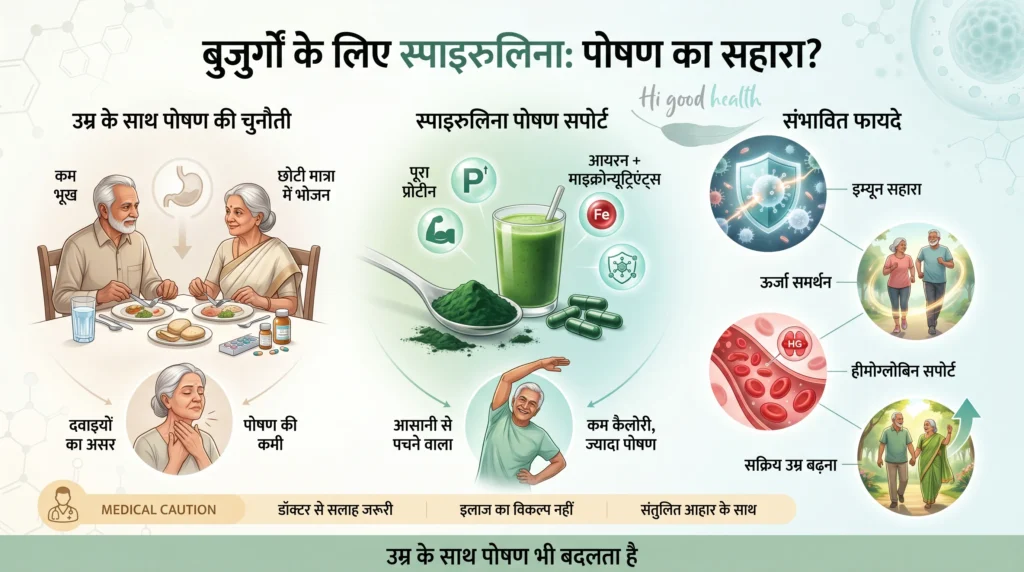 ग्रीन गोल्ड: स्पाइरुलिना और एल्गी कैसे सेहत को सहारा दे रहे हैं 4 बुजुर्गों के लिए स्पाइरुलिना पोषण सपोर्ट दिखाता वेलनेस इन्फोग्राफिक — wellness infographic about spirulina support for elderly nutrition.