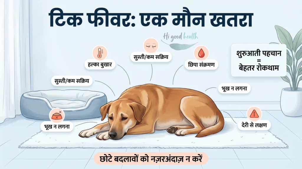 संकेतों को पहचानना: हर भारतीय पेट पेरेंट को किन बातों पर नज़र रखनी चाहिए 2 इंडी डॉग में टिक फीवर के शुरुआती संकेत दिखाता होम-सीन इन्फोग्राफिक — home scene infographic showing subtle tick fever symptoms in a lethargic dog