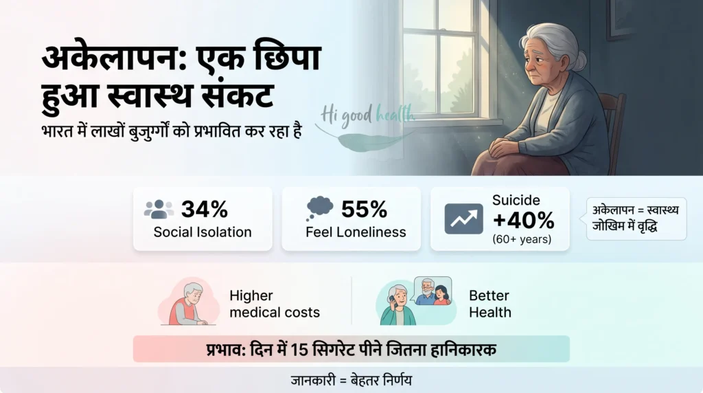 बुज़ुर्गों का अकेलापन: वो खामोश बीमारी जो घर में ही पल रही है 2 अकेलापन बुज़ुर्ग, बीच में आँकड़े, नीचे स्वास्थ्य प्रभाव दिखाता इन्फोग्राफिक — infographic showing loneliness in seniors with stats and health impact.