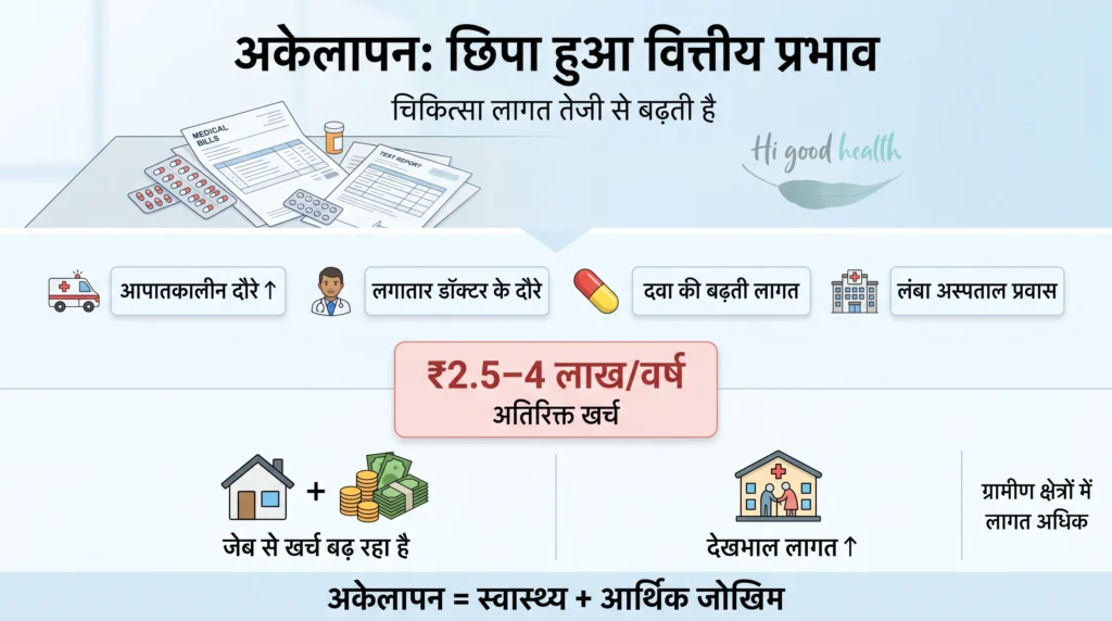 भारत में बुज़ुर्गों का अकेलापन: चुपचाप बढ़ता एक गंभीर स्वास्थ्य संकट 3 मेडिकल बिल्स और अकेलापन से बढ़ते इलाज खर्च दिखाता इन्फोग्राफिक — infographic showing rising healthcare costs linked to loneliness.