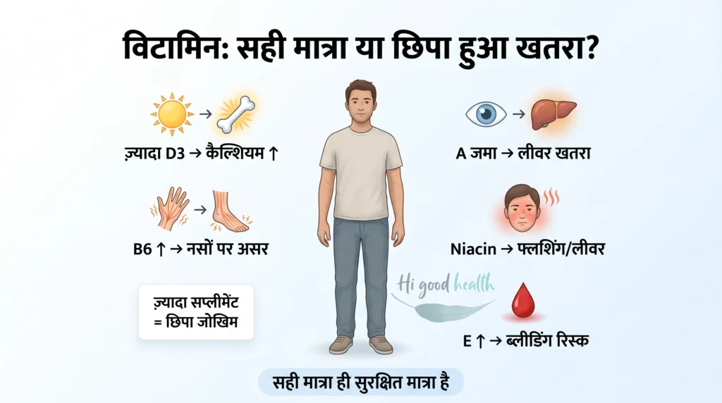 विटामिन ओवरडोज़ के छिपे जोखिम दिखाता मेडिकल इन्फोग्राफिक — infographic showing risks of excess vitamin intake.