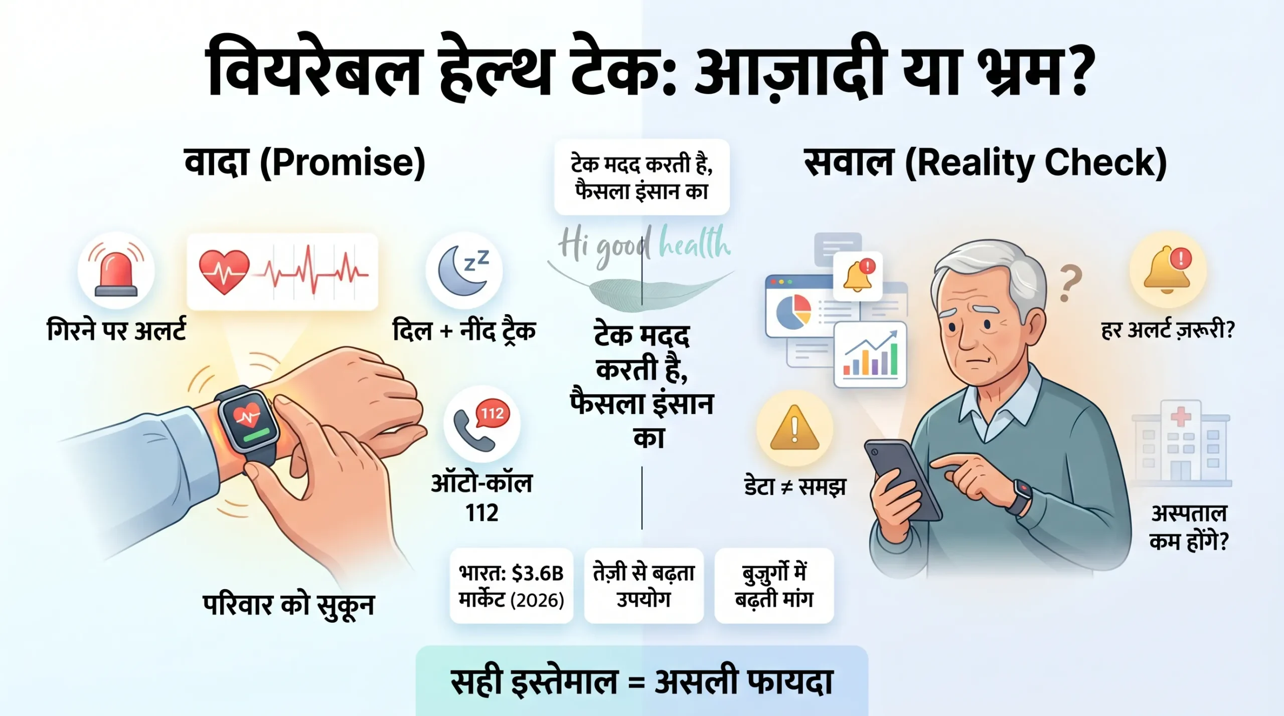 बुज़ुर्गों के लिए स्मार्टवॉच: चमक-दमक या बेहतरीन सुरक्षा? जानिए असलियत 2 Wearable Health Tech Seniors Hindi 1 scaled