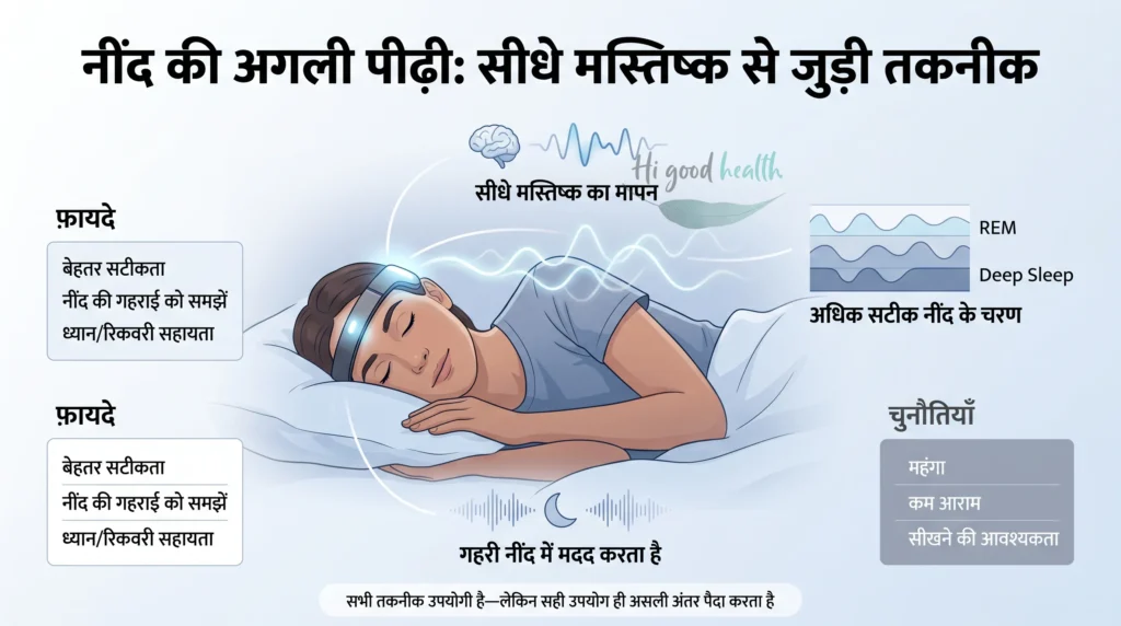  वियरेबल स्लीप टेक  infographic showing brain-based sleep tracking technology.