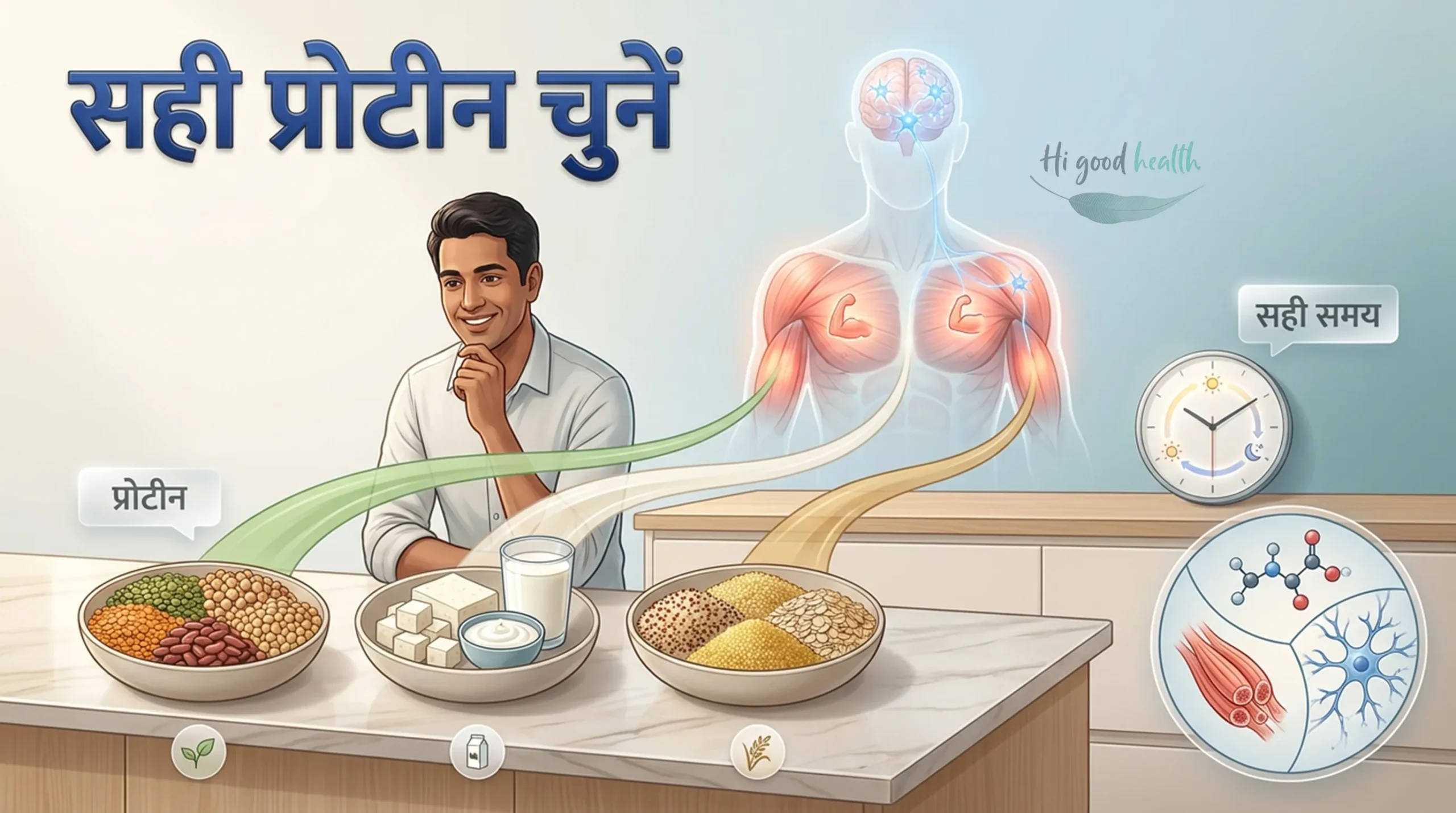 रसोई की मेज़ पर दालों, राजमा, पनीर, दूध और अनाज के कटोरे देखता एक व्यक्ति, पीछे मांसपेशियों और मस्तिष्क को दर्शाता शरीर का चित्र, साथ में सही समय की घड़ी — शीर्षक: सही प्रोटीन चुनें 