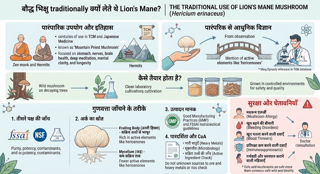 इन्फोग्राफिक: लायन्स मेन मशरूम का पारंपरिक उपयोग और आधुनिक विज्ञान — इतिहास, खेती, गुणवत्ता जाँच के तरीके और सुरक्षा चेतावनियाँ