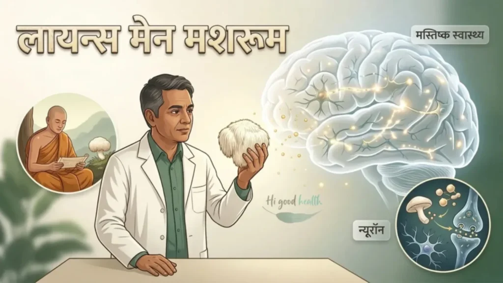 लायन्स मेन मशरूम और मस्तिष्क स्वास्थ्य — वैज्ञानिक हाथ में मशरूम लिए, पृष्ठभूमि में मस्तिष्क और न्यूरॉन का चित्रण