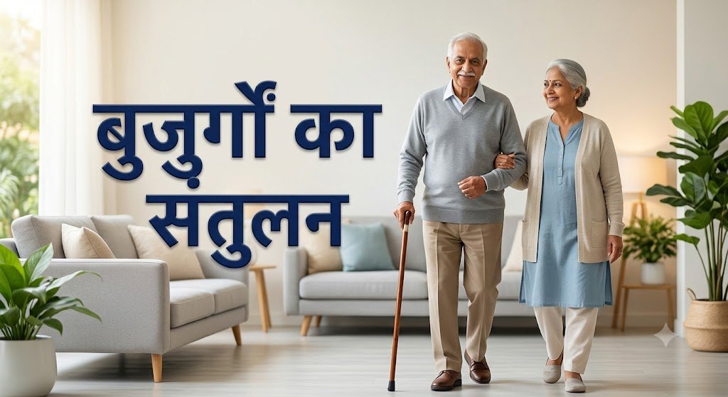 बुजुर्गों का संतुलन — छड़ी के सहारे चलते वृद्ध पुरुष को सहारा देती वृद्ध महिला