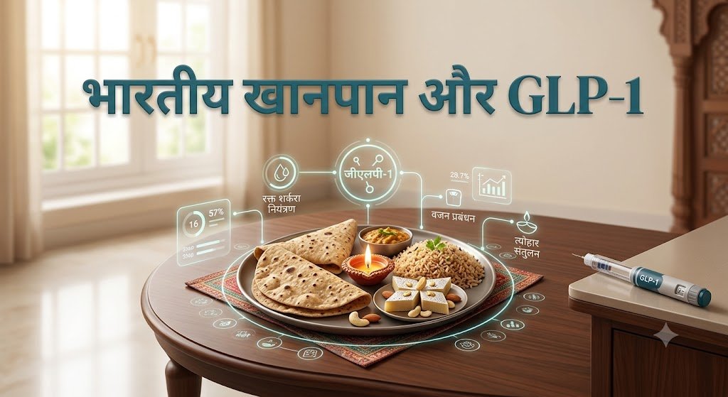 भारतीय खानपान और GLP-1 — मेज़ पर रोटी, दाल और सब्ज़ी की थाली के साथ जीएलपी-1 इंजेक्शन पेन