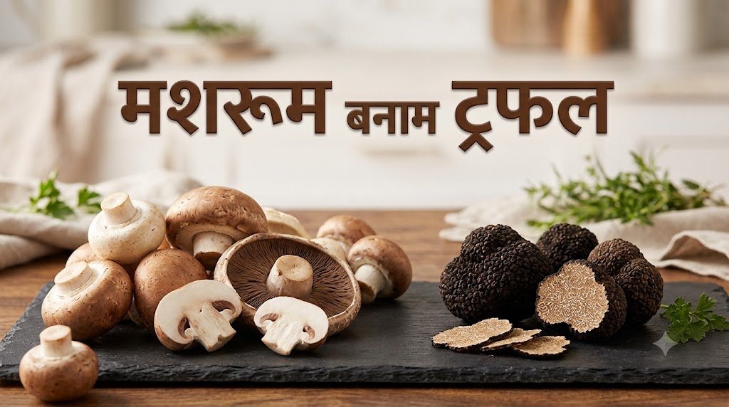 मशरूम बनाम ट्रफल — स्लेट प्लेट पर सफ़ेद बटन मशरूम और काली ट्रफल, साथ में ताज़ी जड़ी-बूटियाँ