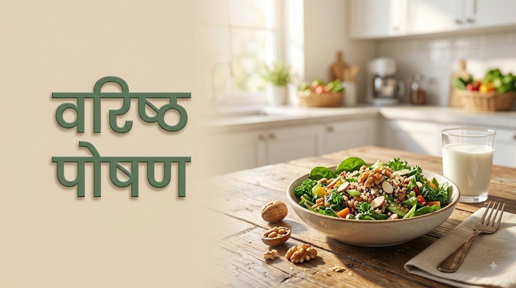 वरिष्ठ पोषण — सलाद का कटोरा, अखरोट और दूध का गिलास, बुज़ुर्गों के लिए संतुलित आहार
