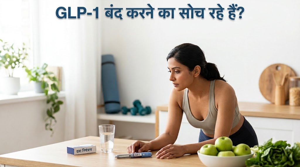रसोई में खड़ी महिला के सामने वज़न, सेब और GLP-1 दवा का डिब्बा, शीर्षक GLP-1 बंद करने का सोच रहे हैं