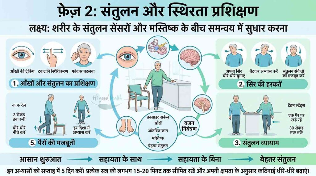 चार फेज में बैलेंस दोबारा बनाने का प्रोटोकॉल 3 फेज 1: बिना हिले स्थिर खड़े रहना (हफ्ते 1–3)