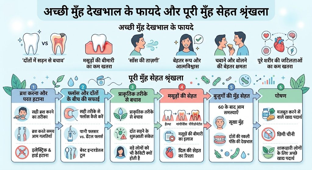इन्फोग्राफिक: अच्छी मुँह देखभाल के फायदे और ब्रश करने से पोषण तक पूरी मुँह-सेहत श्रृंखला