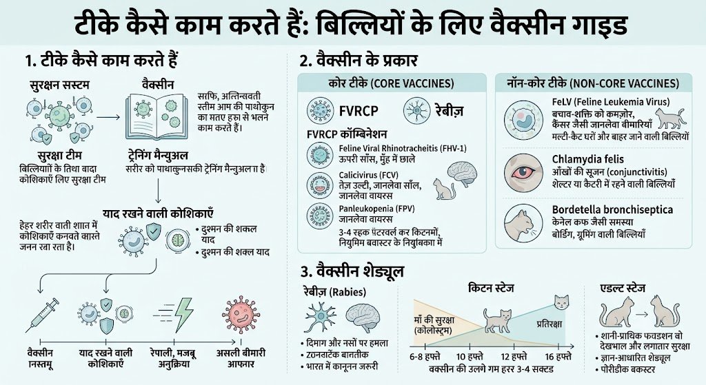 इन्फोग्राफिक: बिल्लियों की वैक्सीन गाइड — टीके कैसे काम करते हैं, कोर और नॉन-कोर टीके तथा टीकाकरण शेड्यूल