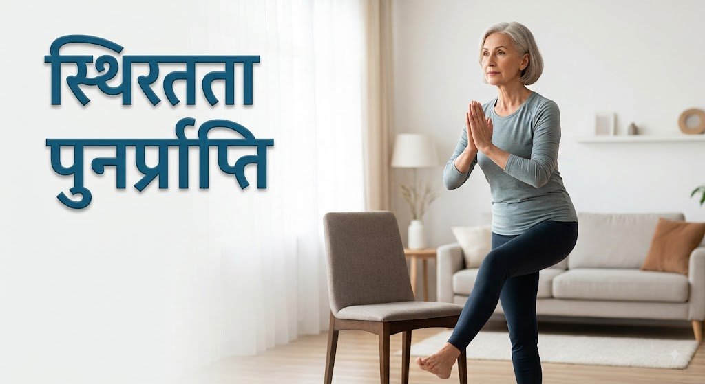 संतुलन व्यायाम करती वृद्ध महिला, शीर्षक स्थिरता पुनर्प्राप्ति