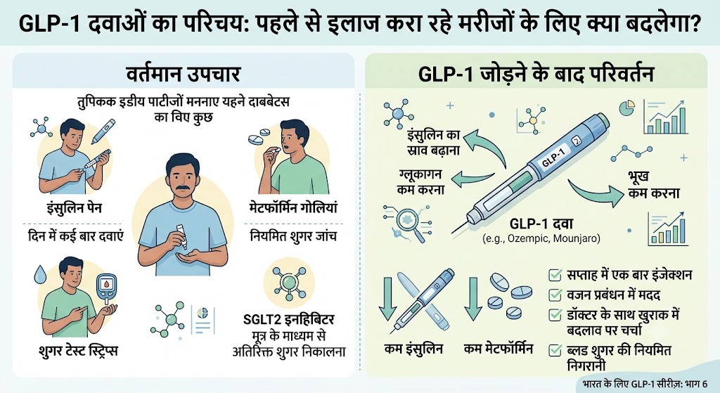 क्या आप पहले से मेटफॉर्मिन या इंसुलिन ले रहे हैं? जानिए भारत में डायबिटीज़ के इलाज में GLP-1 कैसे फिट होता है | भाग 6 3 भारत के लिए हमारी GLP-1 सीरीज़ का भाग 6