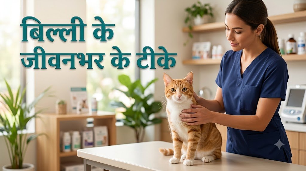 पशु चिकित्सक क्लिनिक में अदरकी बिल्ली की जाँच करते हुए, शीर्षक बिल्ली के जीवनभर के टीके