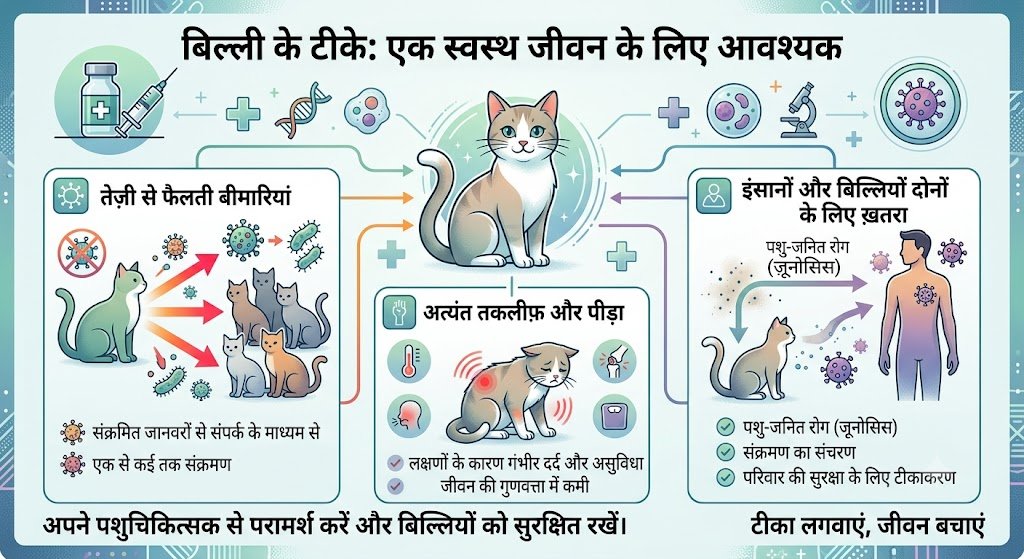 इन्फोग्राफिक: बिल्लियों के टीके क्यों ज़रूरी हैं — तेज़ी से फैलती बीमारियाँ, तकलीफ़ और ज़ूनोसिस का ख़तरा