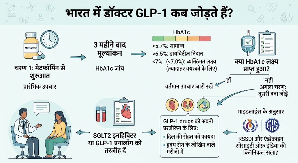 क्या आप पहले से मेटफॉर्मिन या इंसुलिन ले रहे हैं? जानिए भारत में डायबिटीज़ के इलाज में GLP-1 कैसे फिट होता है | भाग 6 4 भारत में डॉक्टर GLP-1 कब जोड़ते हैं?