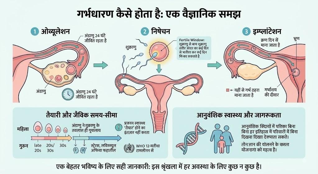 इन्फोग्राफिक: गर्भधारण कैसे होता है — ओव्यूलेशन, निषेचन और इम्प्लांटेशन के चरण, जैविक समय-सीमा और आनुवंशिक जागरूकता