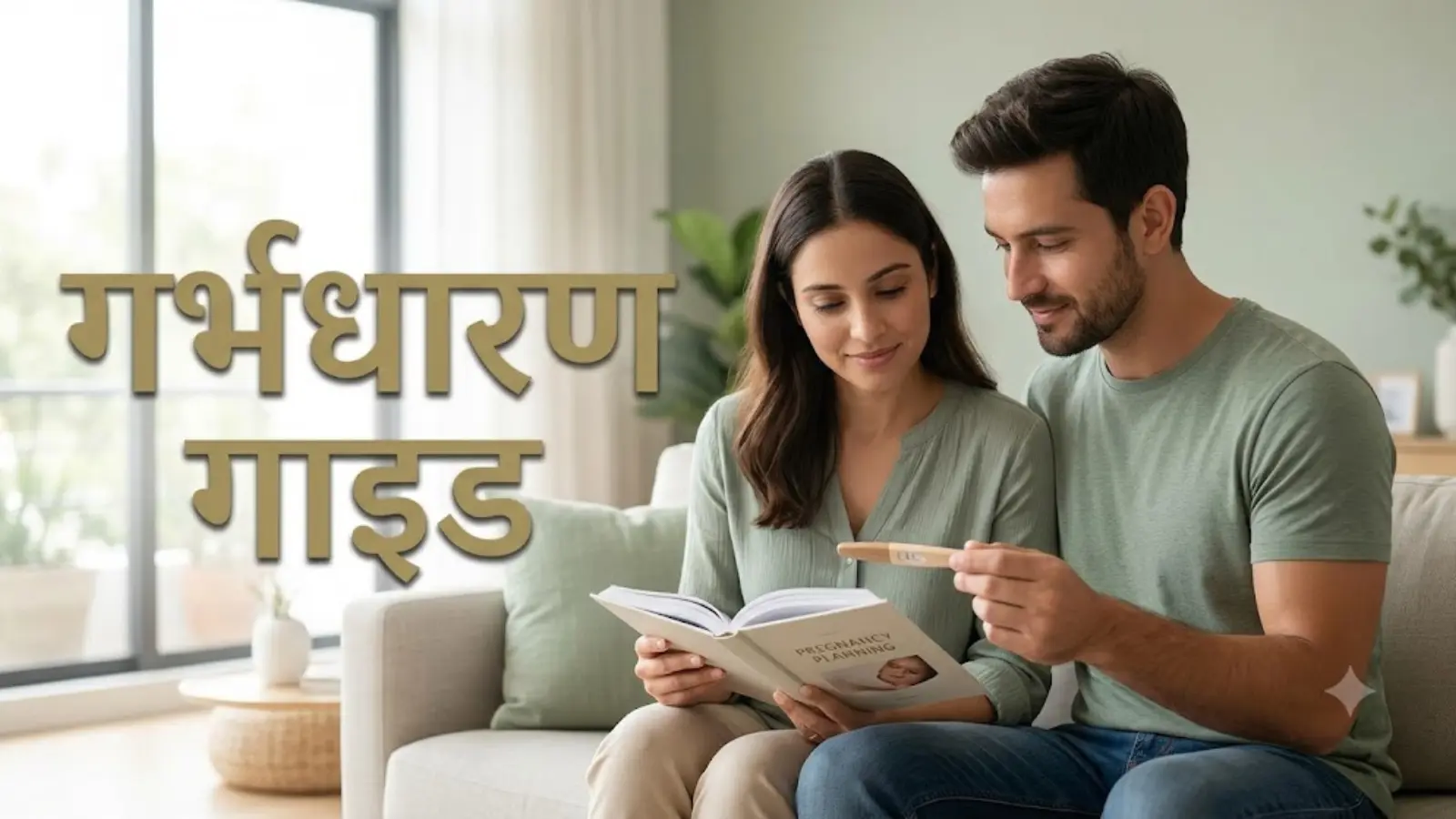एक दंपति सोफे पर बैठकर गर्भधारण से जुड़ी जानकारी पढ़ते हुए — शीर्षक: गर्भधारण गाइड