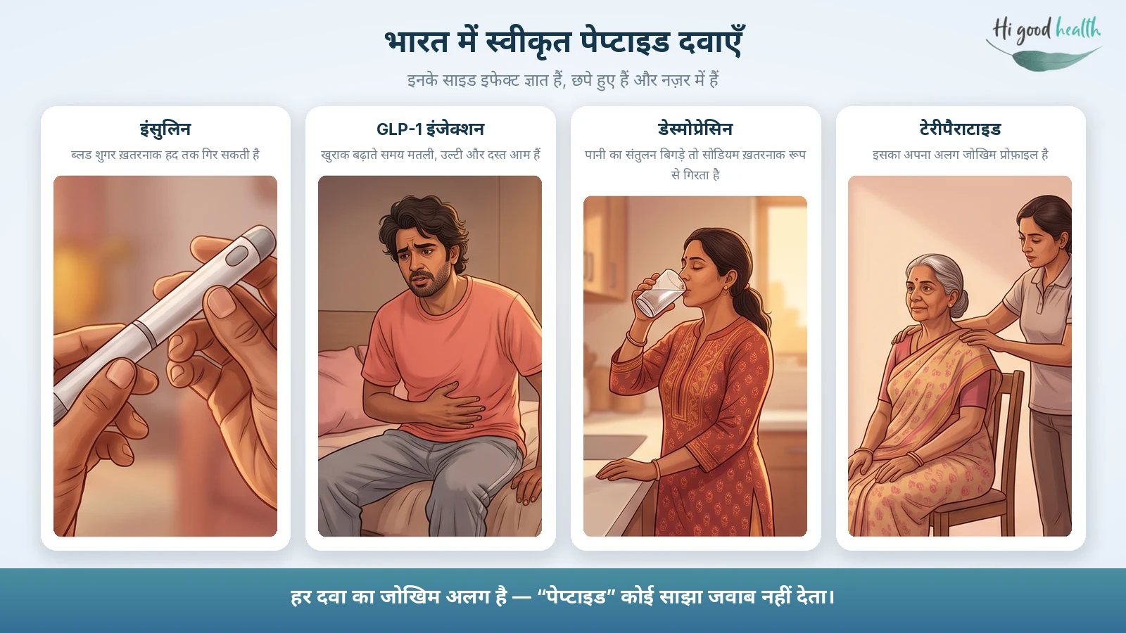 चार कार्ड: इंसुलिन से ब्लड शुगर ख़तरनाक हद तक गिर सकती है, GLP-1 से खुराक बढ़ाते समय मतली-उल्टी-दस्त, डेस्मोप्रेसिन से सोडियम गिर सकता है, और टेरीपैराटाइड का अपना अलग जोखिम है।