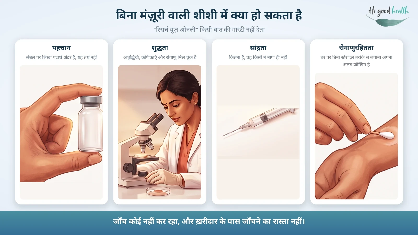 चार कार्ड: बिना मंज़ूरी वाली शीशी में पहचान, शुद्धता, सांद्रता और रोगाणुरहितता — इनमें से किसी की गारंटी नहीं, और “रिसर्च यूज़ ओनली” लेबल इनमें से कुछ भी साबित नहीं करता।