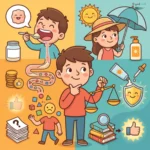 कार्टून कार्ड: चम्मच भर कोलेजन पाउडर मुँह से पाचन तंत्र तक जाता है और वहाँ टूटकर रंग-बिरंगे टुकड़ों में पूरे शरीर में बिखर जाता है, चेहरे तक नहीं; साथ में धूप की टोपी, छाता और सनस्क्रीन, सवालिया निशान वाले काग़ज़ों का ढेर, थम्ब्स-अप के साथ सिक्के, और एक तराज़ू।