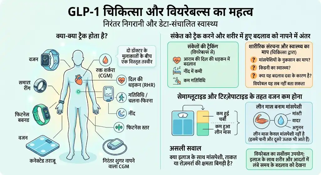 इन्फोग्राफिक 'GLP-1 चिकित्सा और वियरेबल्स का महत्व' — शरीर के चित्र पर CGM, स्मार्टवॉच, फिटनेस बैंड और कनेक्टेड तराज़ू; क्या-क्या ट्रैक होता है, और सेमाग्लूटाइड व टिर्ज़ेपाटाइड से वज़न तथा लीन मास में कमी
