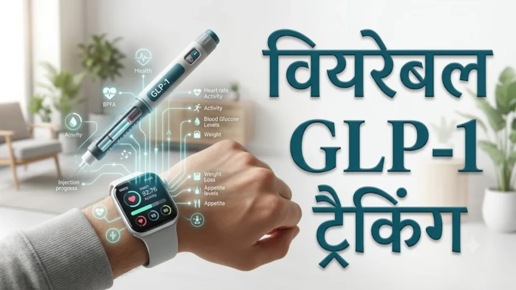 स्मार्टवॉच पहनी कलाई और पीछे GLP-1 इंजेक्शन पेन, चारों ओर दिल की धड़कन, गतिविधि, ब्लड ग्लूकोज़, वज़न और भूख के डेटा लेबल — शीर्षक 'वियरेबल GLP-1 ट्रैकिंग'