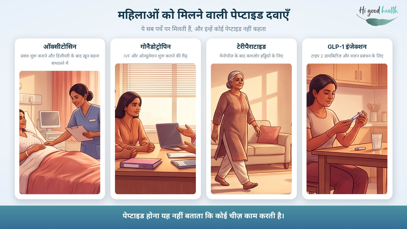 महिलाओं की सेहत में पेप्टाइड: क्या स्वीकृत है, क्या सिर्फ़ बेचा जा रहा है 3 चार कार्ड: ऑक्सीटोसिन प्रसव में, गोनैडोट्रोपिन IVF में, टेरीपैराटाइड मेनोपॉज़ के बाद हड्डियों के लिए, और GLP-1 इंजेक्शन डायबिटीज़ तथा वज़न प्रबंधन के लिए — ये सब पर्चे पर मिलने वाली पेप्टाइड दवाएँ हैं।