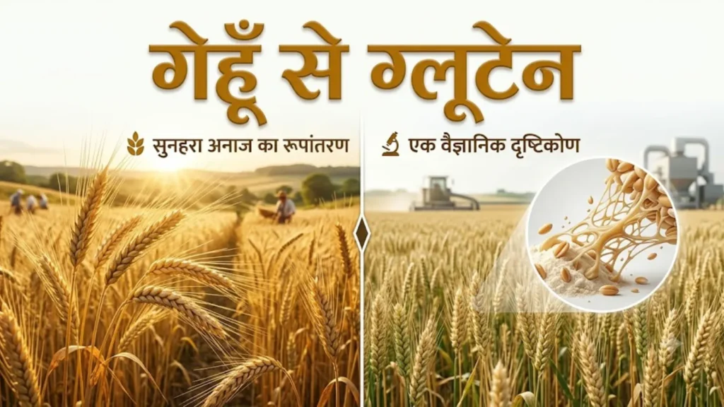 गेहूँ तब और अब: सुनहरा अनाज ग्लूटेन में कब बदल गया? 2 पकी गेहूँ की फसल और हार्वेस्टर, साथ में आटे का क्लोज़-अप — शीर्षक 'गेहूँ से ग्लूटेन: सुनहरा अनाज का रूपांतरण'