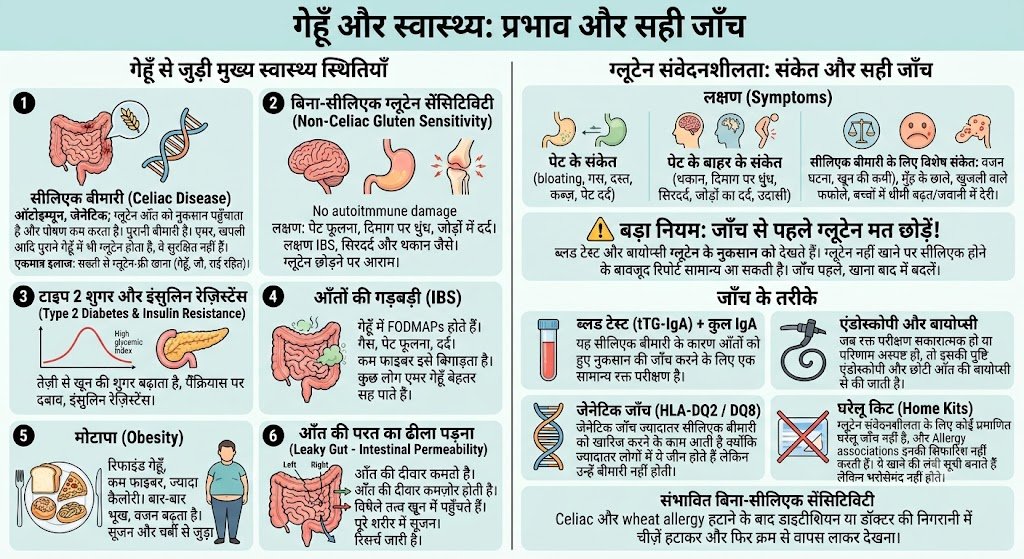 गेहूँ तब और अब: सुनहरा अनाज ग्लूटेन में कब बदल गया? 4 इन्फोग्राफिक 'गेहूँ और स्वास्थ्य' — सीलिएक बीमारी, नॉन-सीलिएक ग्लूटेन सेंसिटिविटी, इंसुलिन रेज़िस्टेंस, IBS, मोटापा और आँत की परत; साथ में लक्षण, जाँच के तरीके, और यह नियम कि जाँच से पहले ग्लूटेन न छोड़ें